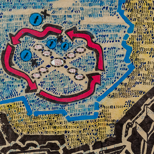 George Widener (b. 1962), "Untitled (with Red Arrows)," 2025. Marker, ink and paint on brown paper, 19 1/4 x 29 3/4 in. (detail)