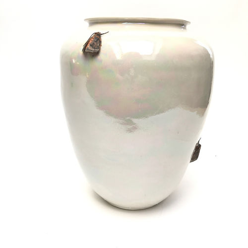 Mary O’Malley  Moth Vase, 2017  Thrown and hand built Porcelain, Glaze, Underglaze, Mother of Pearl Luster  25.4 x 17.8 x 17.8 cm  10 x 7 x 7 in.