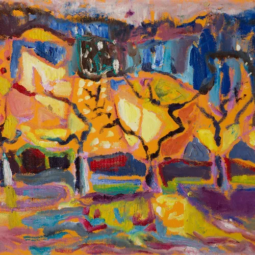 Leonie Gibbs  Sun Setting on the Almonds, 2017  oil on board  54cm x 71cm