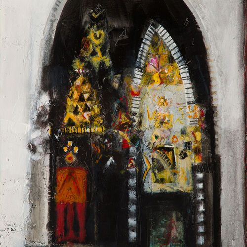 Charles MacQueen RSW RGI  Church Interior, Montisi, 2019  mixed media  38cm x 36cm  15 x 14 in
