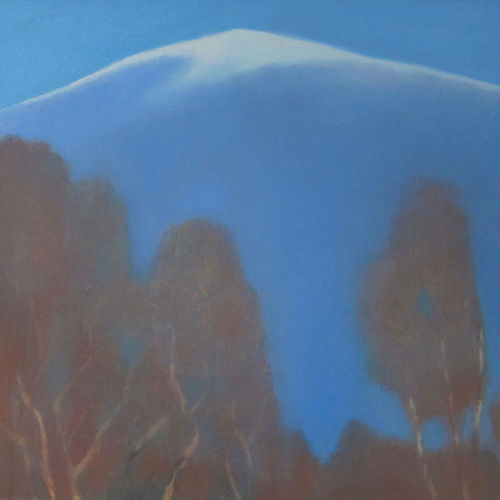 Jane MacNeill  Birches and Snow Mountain  oil on board  30cm x 34cm