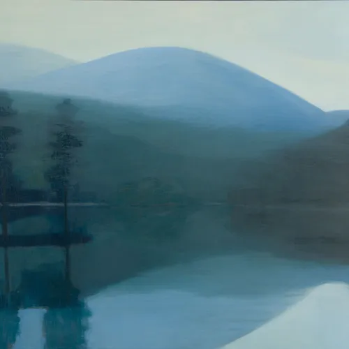 Jane MacNeill  Loch with Hidden Island (Loch an Eilein), 2019  oil on board  94cm x 116cm