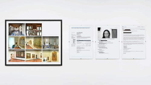 Adrian Melis Virtual Cleaning Service for Museums and Art Institutions. Galleria degli Uffizi, 2025 Installation of framed photographs, documents and video. 1 Set of framed photographs: 50 x 40 cm. 3 Din-A4 framed documents: 29,5 x 21 cm./each Video: 10'