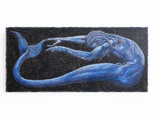 Brian Smith Blueboy, 2025 Lightfast colored pencil on wooden panel, Verde Alpi marble, grout. 22 x 10 x 1 in 55.9 x 25.4 x 2.5 cm