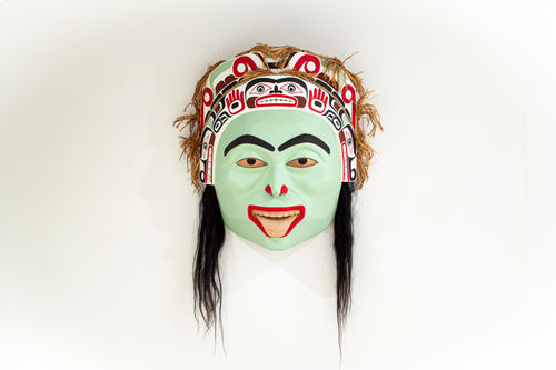 Cole Speck Sisiutl Hunter, 2022 Red cedar, acrylic, cedar bark, horsehair 41 x 34 x 15 1/2 inches (w/out hair & cedar bark) 104.1 x 86.4 x 39.4 cm