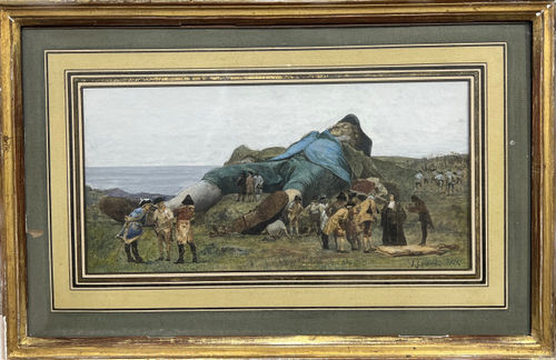 Jehan Georges Vibert, dit Jean-Georges Vibert Gulliver, fortement attaché au sol et cerné par l'armée. (Les autorités Lilliputiennes attendent son réveil."), 1869 Crayon graphite, aquarelle et gouache sur papier 12 x 23,5 cm Signé et daté JG Vibert, 1869 en bas à droite Dessin préparatoire au tableau du même titre exposé par l’artiste au Salon de 1870 (cat. n° 2871), puis à l’Exposition Universelle de 1878 (cat. n° 1055).
