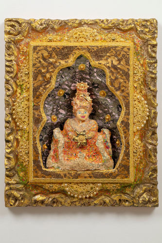 Tapani Kokko Fioretta (Kukka), 2026 Wood, pearls, glitter, fabric, marker, paint 57h x 46w x 9d cm 22 1/2h x 18 1/8w x 3 1/2d in