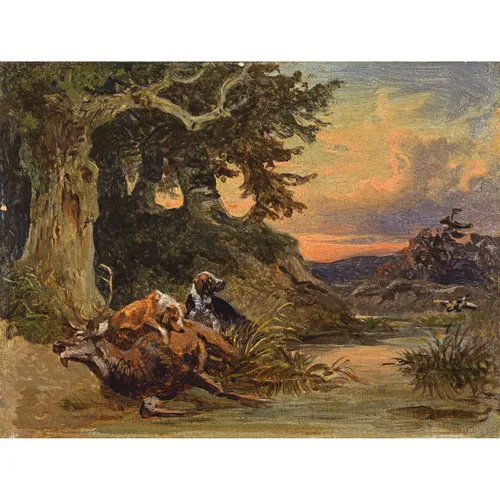 Friedrich Gauermann, Jagdhunde bei erlegtem Hirsch, vor 1850