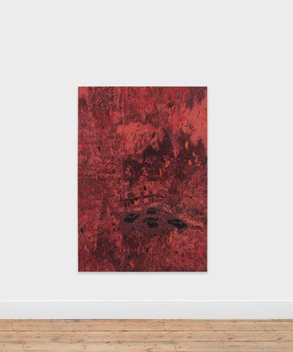 Michael Raedecker on, 2026 Laser printer pigment transfer, dispersion, acrylic and thread on canvas 186 x 130 cm | 73 1/4 x 51 1/8 in