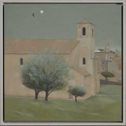 Tom Mabon Church and Moon, Lourmarin. Provence, 2020 Signed 'Mabon' oil on linen 18 x 18ins (45 x 45cm) (artwork size) 19.29 x 19.29ins (49 x 49cm) (framed size)