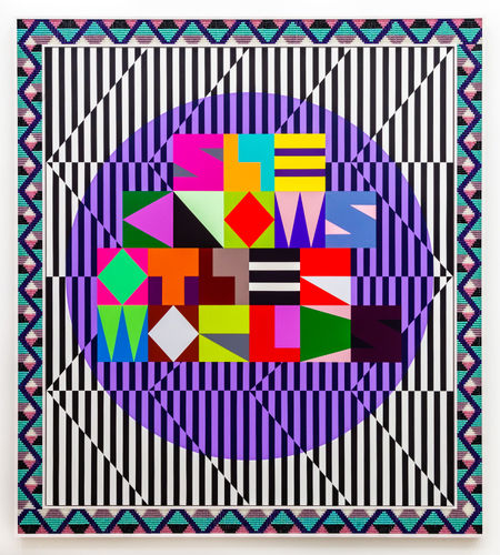 Jeffrey Gibson SHE KNOWS OTHER WORLDS, 2019 Acrylic on canvas, glass beads and artificial sinew inset into custom wood frame 82 x 74 in 208.3 x 188 cm