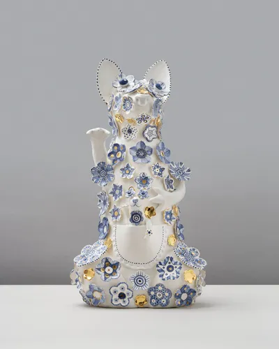 Vipoo Srivilasa Venditus, the Deity of Sales, 2024 clay, glaze, cobalt pigment & gold lustre 56 x 30 x 22 cm