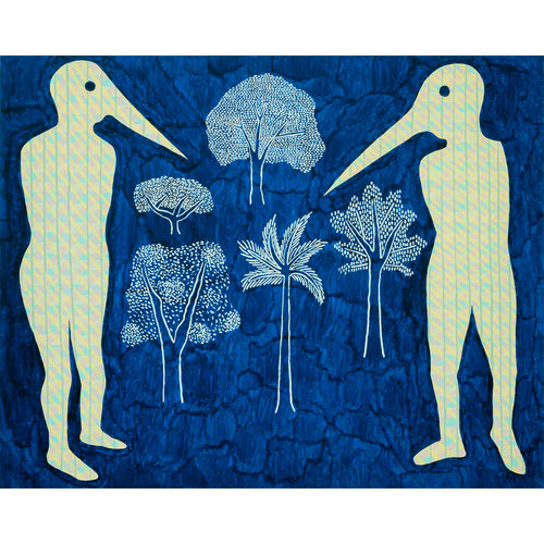 Fernando do Campo Self-Portrait with Companion contemplating the invasive trees in the garden, Meanjin/Brisbane, 2025 acrylic on canvas 122 x 153 cm