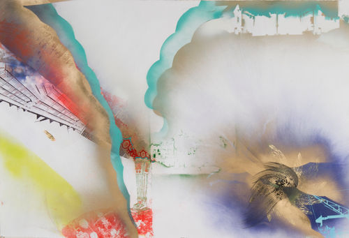 Corrie Slawson #1 across from the new "Upper Chester" condos, 2015 screenprint, paper lithography, acrylic, Sumi ink, spray paint and pencil on paper 41 x 60 inches 104.1 x 152.4 cm