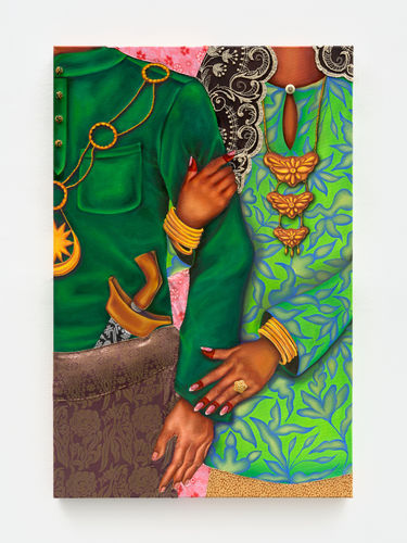 Azzah Sultan Akad Nikah, 2024 Oil and hand-stitched fabric and jewelry on canvas 36 x 24 in.