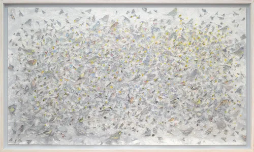 Oca Villamiel A Song Without End I, 2017–2025 Collage on Washi paper, silk and acrylic on Japanese paper 49 x 82 inches