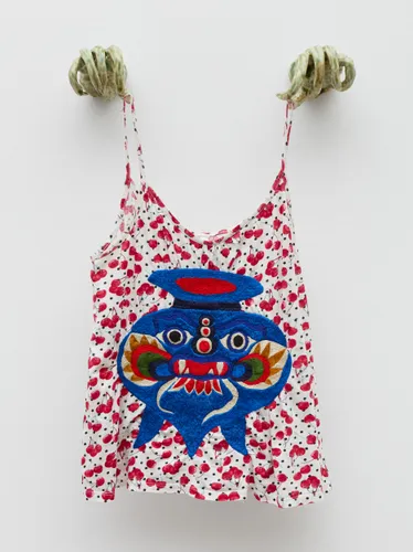 Woo Jin Joo, ‘Trickster, Protector, Shapeshifter’, 2025 Viscose thread embroidery, textiles, and ceramic, image courtesy ai. gallery and the artist.