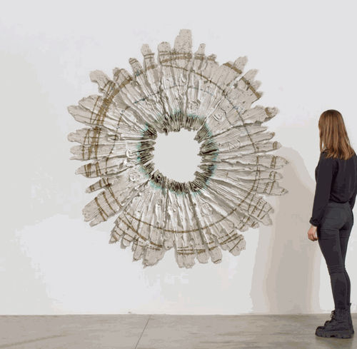 Brie Ruais, Spreading Out and Counting Downward, 130 lbs, 2021. Glazed stoneware, hardware. 89 x 83 x 1.5 inches. Image courtesy of albertz benda gallery, NYC