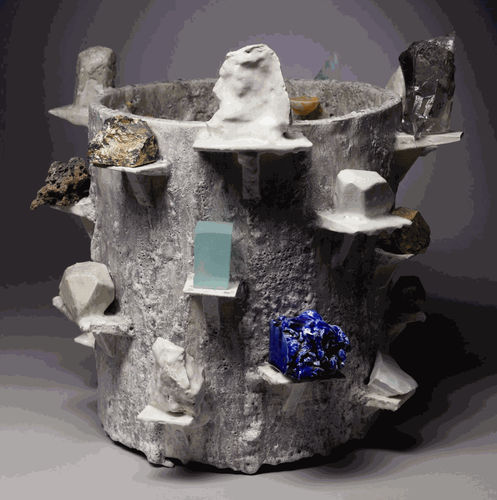 Tony Marsh, American Moon Jar, 2018 Terra cotta, porcelain, glass, stone, gold leaf 22 x 24 x 24 inches 56 x 61 x 61 cm