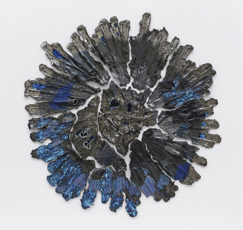 Brie Ruais, Spreading Outward, New Moon, 130lbs, 2023. glazed stoneware, hardware, 77 1⁄4 × 74 3⁄4 × 3 1⁄4".