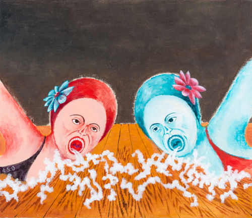 Tadanori Yokoo, Only 3.5cm Away, 2015, Acrylic on canvas 17 7/8 x 20 7/8 inches 45.5 x 53 cm Framed Dimensions: 18 3/4 x 21 3/4 inches 47.5 x 55 cm. Image courtesy of albertz benda New York | Los Angeles.