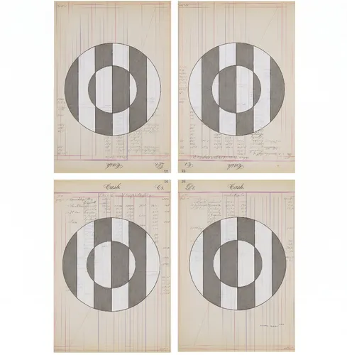 Terran Last Gun, Ancient Futurism Is Now, 2026, Ink and colored pencil on antique ledger sheets, 33 ¼ x 22 ½ inches