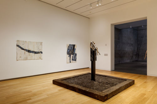 Blue Alluvial Glue 2 (Line) (2022), Blue Alluvial Glue 1 (Shape) (2022), and Horn Beam Effigy (2022) on view at "Jamal Cyrus: Focus"