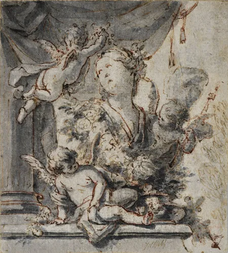 Jacob de Wit (Amsterdam 1695 - 1754) A Preparatory Drawing for 'Liefde Triompheert' pen and ink, brush and wash on laid paper 120 x 110 mm signed 'JdWit fe', lower right