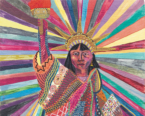 Pacita Abad, L.A. Liberty, 1992, acrylic, cotton yarn, plastic buttons, mirrors, gold thread, and painted cloth on stitched and padded canvas, 94 × 58". From the series “Immigrant Experience,” 1990–95. © Pacita Abad Art Estate.