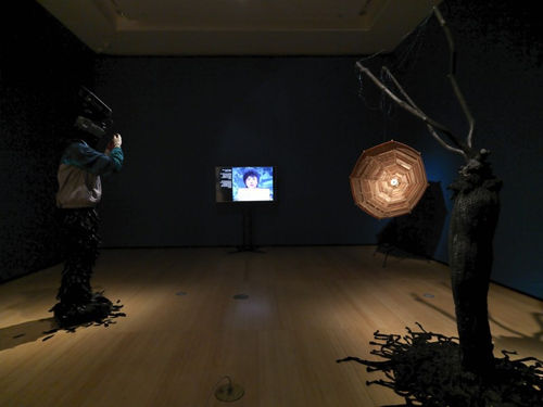 Installation view of Minouk Lim (left to right), “L’homme à la camera” (2015), “It’s a Name I Gave Myself” (2018), “Parabolic Satellite” (2015), “Hydra” (2015) (photo by Bruce M. White)