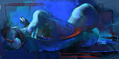 Crawfurd Adamson, Lying Woman, blue, pastel on paper, 56 x 102 cm, 2023