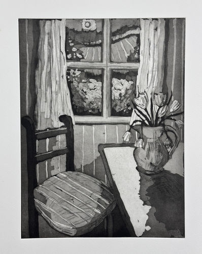 Lottie Cole, Three Elements [Table, Window, Vase of Flowers], 2025