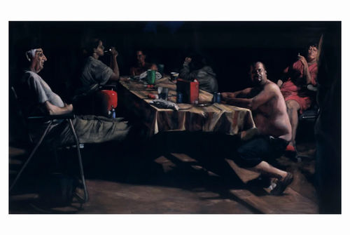 Tony Shore. Booper's Table, acrylic on velvet, 42 x 72 inches.