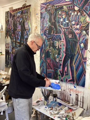 Mick Kirkbride the studio with 'The India Club' & 'The Attendant' (both oil on canvas)