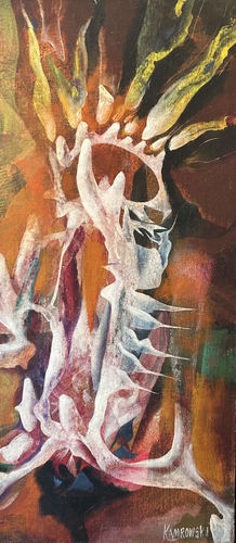 Gerome Kamrowski, “Limitations of Indebtedness to Nature” (1942). Enamel and oil on canvas, 32 x 16 inches.