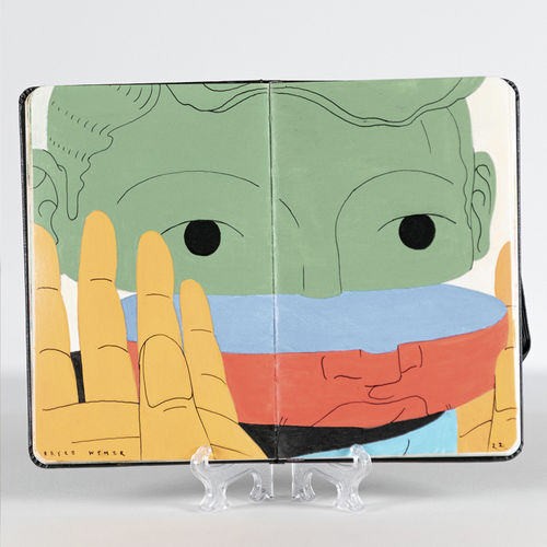 Image of a green and red face with yellow hands on the side drawn in a moleskin notebook