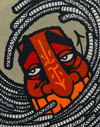 Painting by GATS of a GATS character in red and orange with long tentacles wrapping around its head and the corners of the painting
