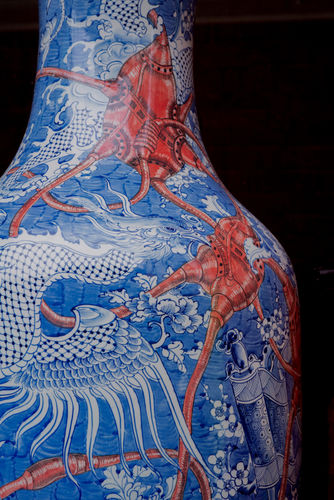 Bui Cong Khanh, Four Mythological Creatures, 2018, porcelain, hand-painted, 182 x 50 cm.