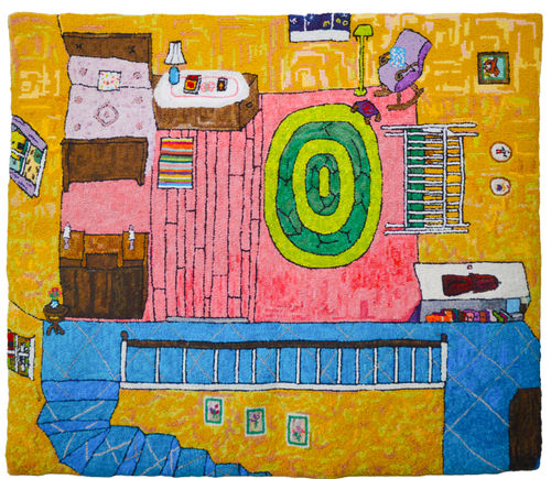 Mary Tooley Parker, b.1957, Upstairs Bedroom, Ruth's, 2023, Hooked tapestry, 50.5 x 59 in