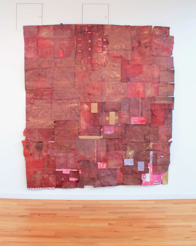 Jodi Hays, Jacob's Ladder. 2023. Dye, paper, tape, ribbon, and cardboard collage. 102 x 90 in.