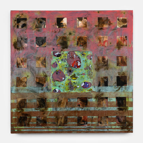 Taj Poscé, Divine Trailing, 2024. Acrylic, fibered aluminum, burned industrial plastic sheeting, and tar paper on wood panel. 36 x 36 in (91 x 91 cm).