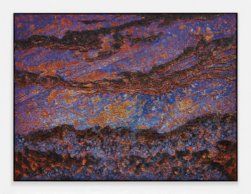 Brennen Steines, Shifting Horizon, 2026. Oil, copper, emulsion, mica, limestone, and polymer on canvas with steel frame. 73 x 97 in (185.4 x 246.4 cm)