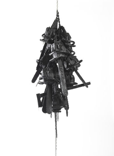 Monica Bonvicini, Latent Combustion #2, 2015, Chainsaws, wood axe, black polyurethane, matt finish, steel chains, Sculpture: 200 x 120 cm, Chain (above): 205 cm, Chain (below): 130 cm, Unique