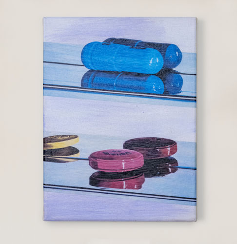 Installation shot from American artist Eric Doeringer's solo exhibition titled I Copy Therefor I Am shown at Brigade Gallery in Copenhagen, Denmark. Focus on the artwork Damien Hirst (Pills), 2021. Artwork details: Acrylic and collage on canvas, 30.5 x 22