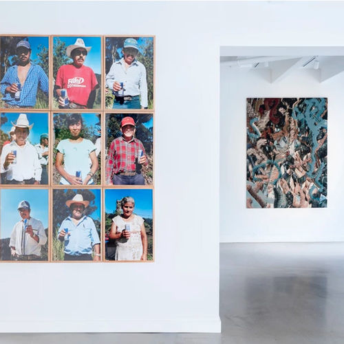 Installation shot from the group exhibition The Shape of a Story with artists Artemio, Tomaso Binga, Ry David Bradley, Petra Cortright, Zane Lewis, Nhozagri, Garrett Pruter, Kristian Touborg, Andrea Villalón, Lizet Hee Olesen and Anne Strandfelt shown at 