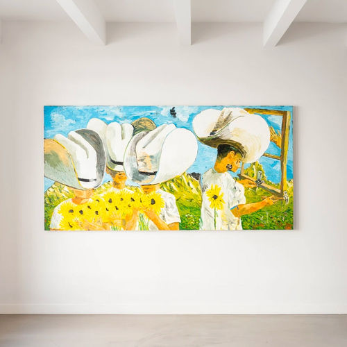 Installation shot of the artwork Daisy's and Window Pane, 2020, by American artist Ken Taylor Reynaga's shown at Brigade Gallery in Copenhagen, Denmark. Artwork details: Oil on canvas, 127 x 254 cm, 50 x 100 in.