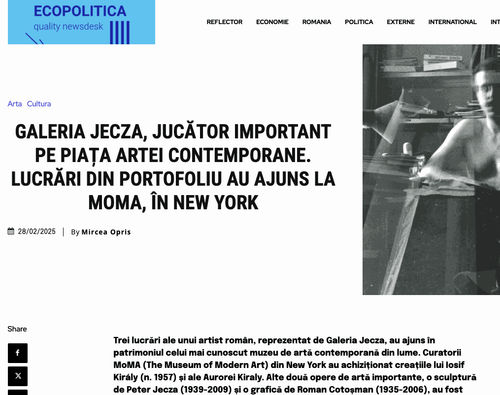 Galeria Jecza, jucător important pe piața artei contemporane. Lucrări din portofoliu au ajuns la MoMA, în New York