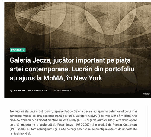 Galeria Jecza își consolidează poziția de jucător important pe piața artei contemporane din România.