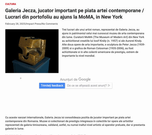 Trei lucrari ale unui artist roman, reprezentat de Galeria Jecza, au ajuns in patrimoniul celui mai cunoscut muzeu de arta...