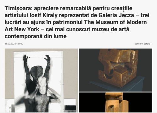 Timișoara: apreciere remarcabilă pentru creațiile artistului Iosif Kiraly reprezentat de Galeria Jecza – trei lucrări au ajuns în patrimoniul The...